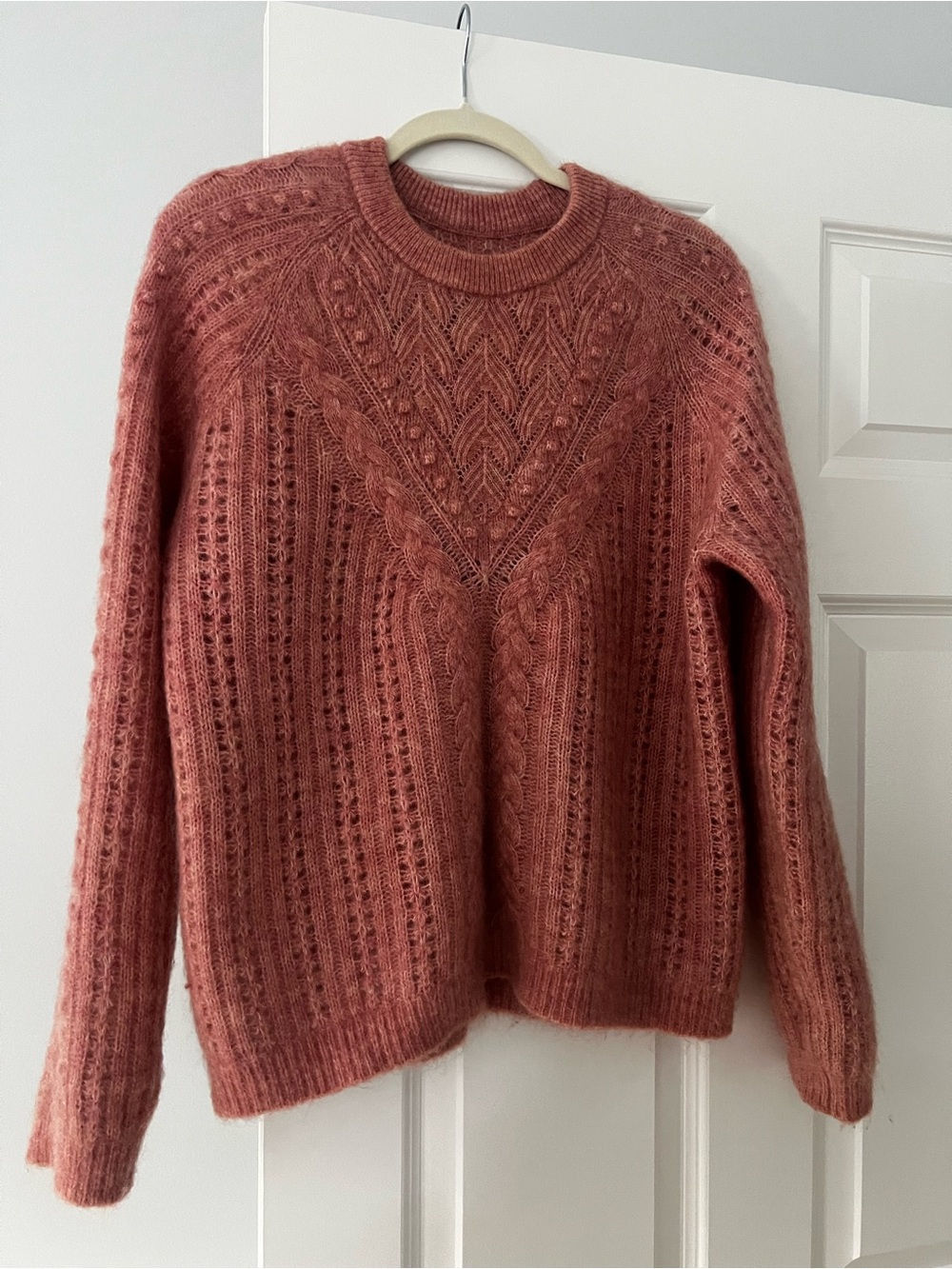 Sezane Jake Rose Cable Knit Crewneck Sweater